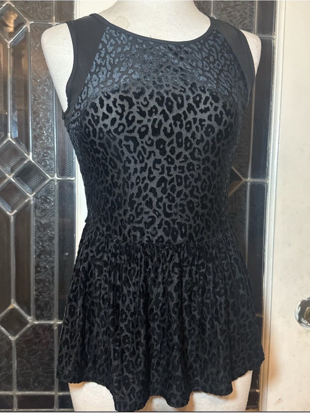 Black Velvet Leopard-Print Peplum Top